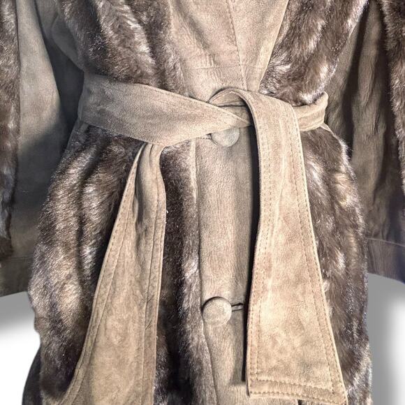 Vintage 70s Tocci England Faux Fur Suede Leather Belted Coat Burgundy Lined - Picture 4 of 16